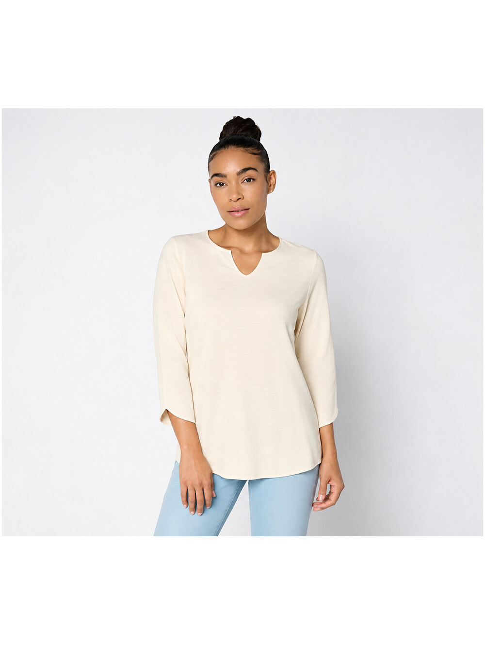 Denim & Co. Essentials Favorite Jersey 3/4 Sleeve Split Neck Top New Stone Large